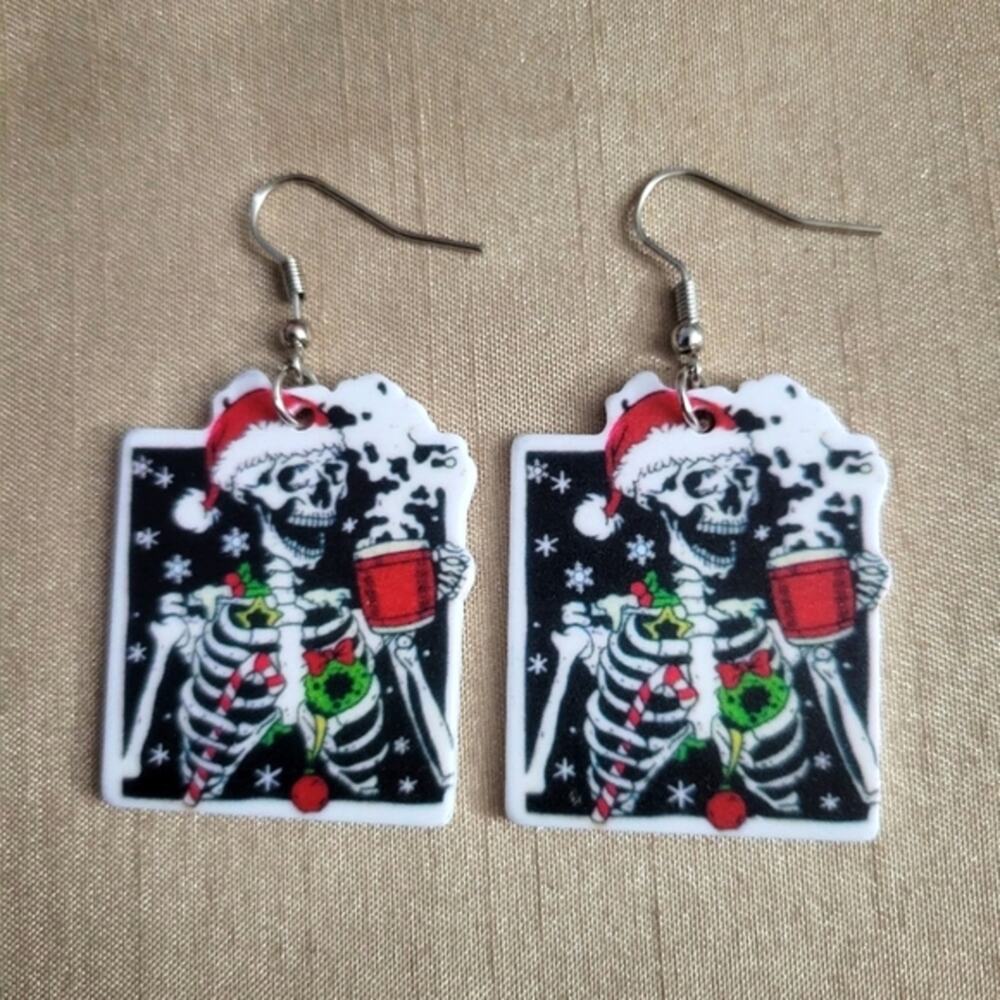 Skeleton drinking coffee cocoa christmas earrings